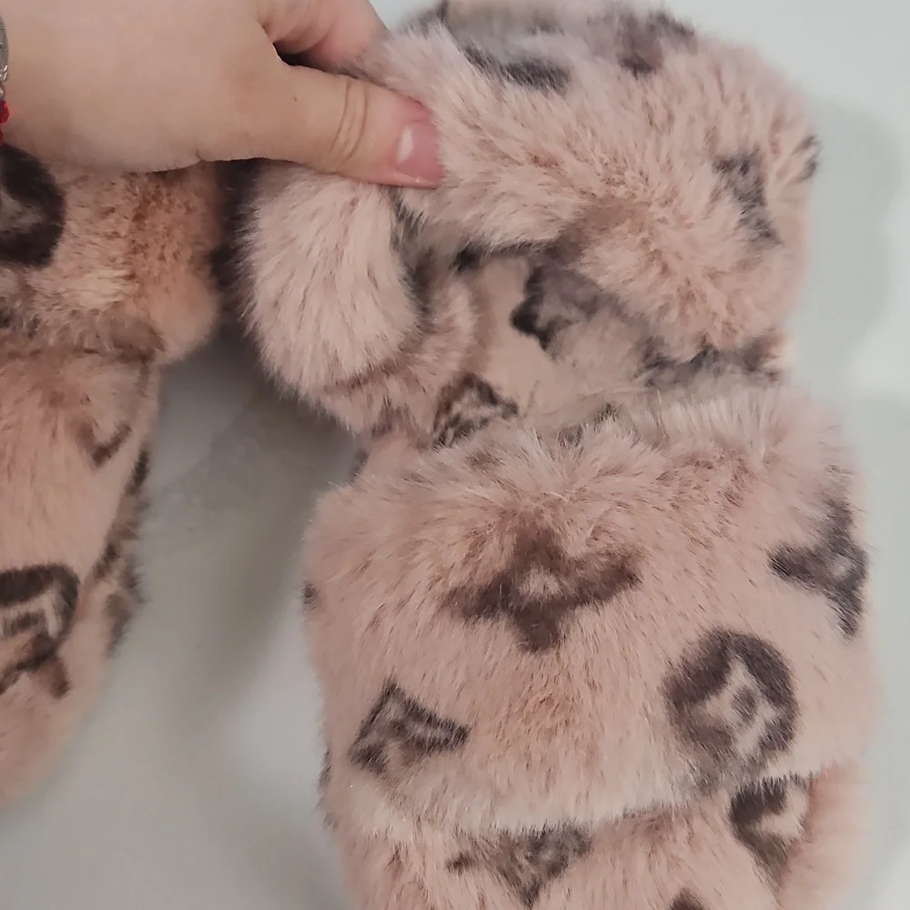 Fuzzy Pink And Brown Monogram Slippers Size 7 - Picture 3 of 6